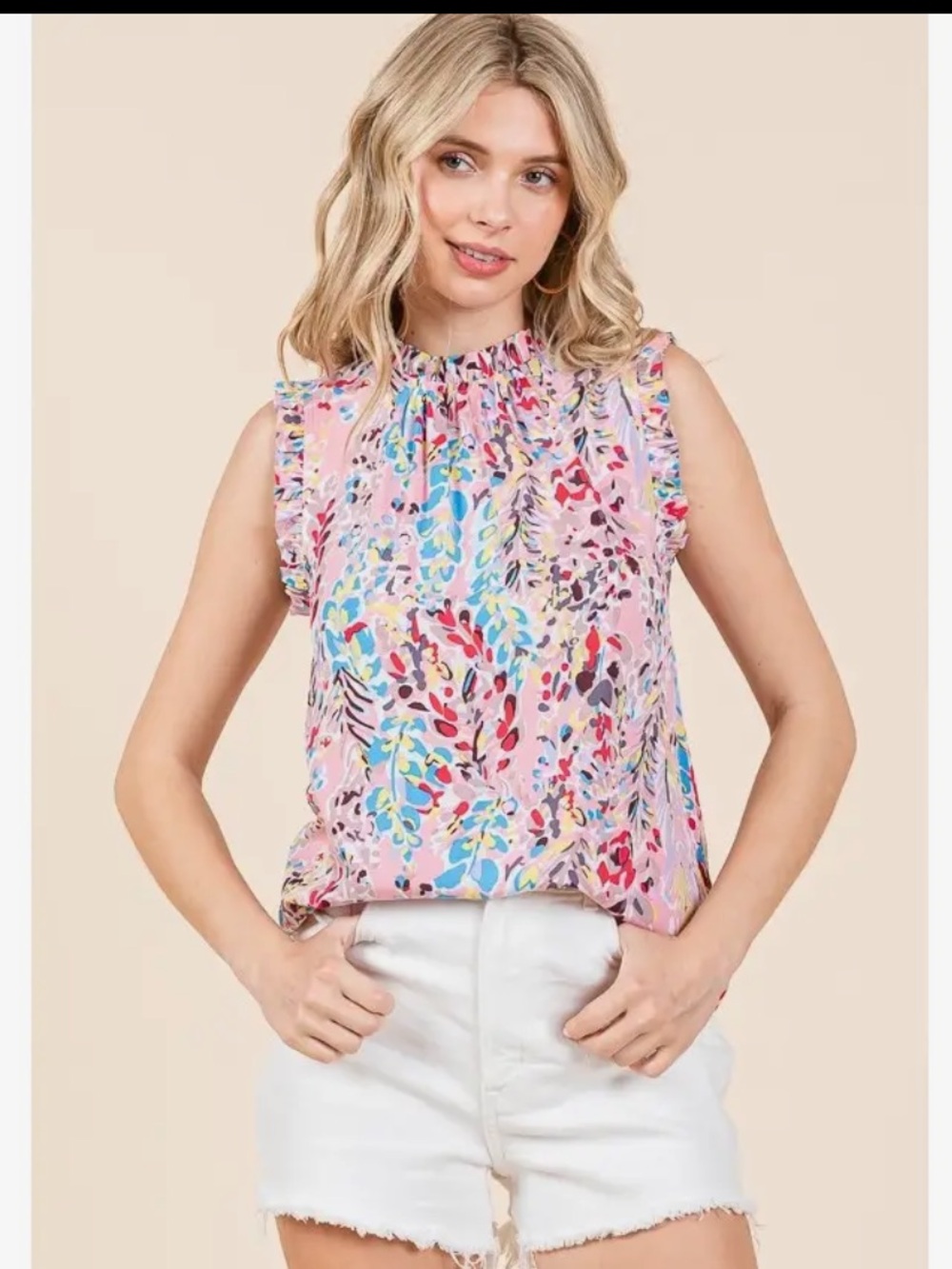 Sleeveless Pink Printed Ruffle-Neck Top - Picture 2 of 5